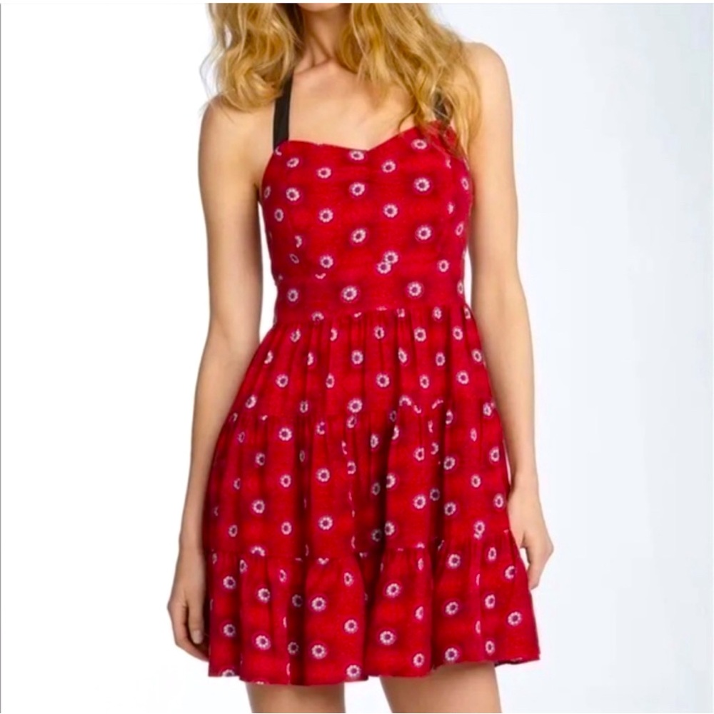 Free People Floral Halter Mini Dress Anthropologie Pin Up Style Red Gray Size 6